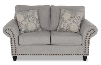 Made in Canada Wynn 70 Chenille Fabric Loveseat with Nailhead Trim and Wood Bun Legs - Grey | Causeuse Wynn de 70 po fabriquée au Canada en tissu de chenille avec bordure de clous décoratifs et pattes en oignon en bois - gris