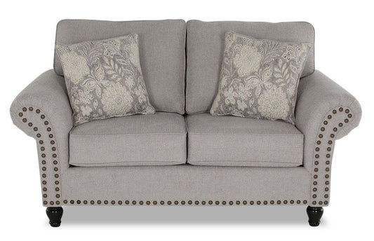 Made in Canada Wynn 70 Chenille Fabric Loveseat with Nailhead Trim and Wood Bun Legs - Grey | Causeuse Wynn de 70 po fabriquée au Canada en tissu de chenille avec bordure de clous décoratifs et pattes en oignon en bois - gris