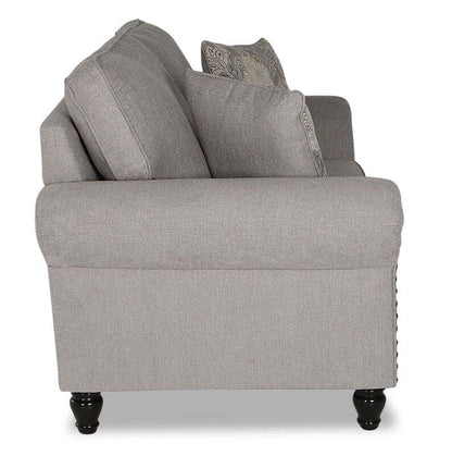 Made in Canada Wynn 70 Chenille Fabric Loveseat with Nailhead Trim and Wood Bun Legs - Grey | Causeuse Wynn de 70 po fabriquée au Canada en tissu de chenille avec bordure de clous décoratifs et pattes en oignon en bois - gris