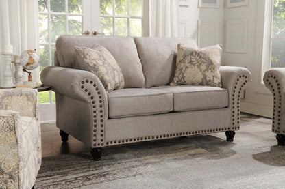 Made in Canada Wynn 70 Chenille Fabric Loveseat with Nailhead Trim and Wood Bun Legs - Grey | Causeuse Wynn de 70 po fabriquée au Canada en tissu de chenille avec bordure de clous décoratifs et pattes en oignon en bois - gris