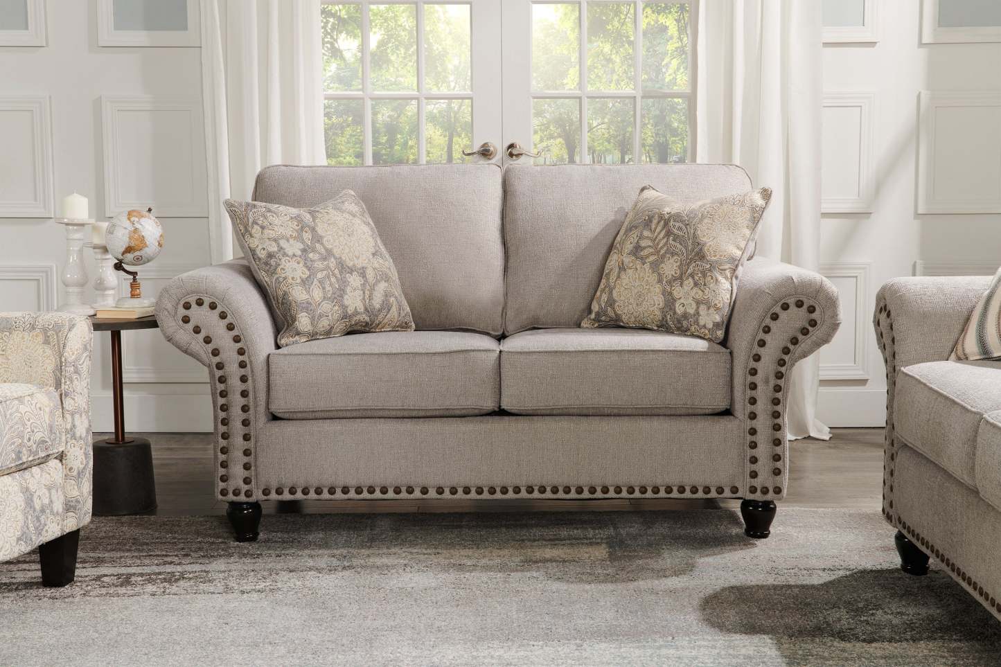 Made in Canada Wynn 70 Chenille Fabric Loveseat with Nailhead Trim and Wood Bun Legs - Grey | Causeuse Wynn de 70 po fabriquée au Canada en tissu de chenille avec bordure de clous décoratifs et pattes en oignon en bois - gris
