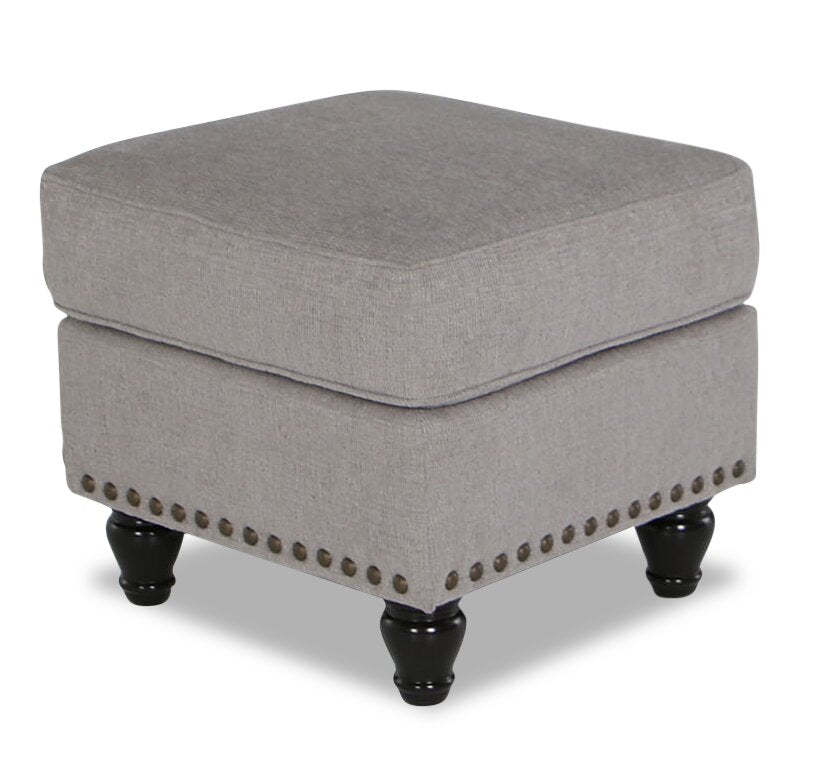 Made in Canada Wynn 24 Chenille Fabric Ottoman with Nailhead Trim and Wood Bun Legs - Grey| Pouf Wynn de 24 po fabriqué au Canada en tissu de chenille avec bordure de clous décoratifs et pattes en oignon en bois - gris