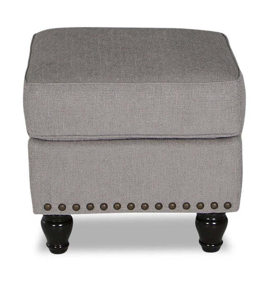 Made in Canada Wynn 24 Chenille Fabric Ottoman with Nailhead Trim and Wood Bun Legs - Grey| Pouf Wynn de 24 po fabriqué au Canada en tissu de chenille avec bordure de clous décoratifs et pattes en oignon en bois - gris