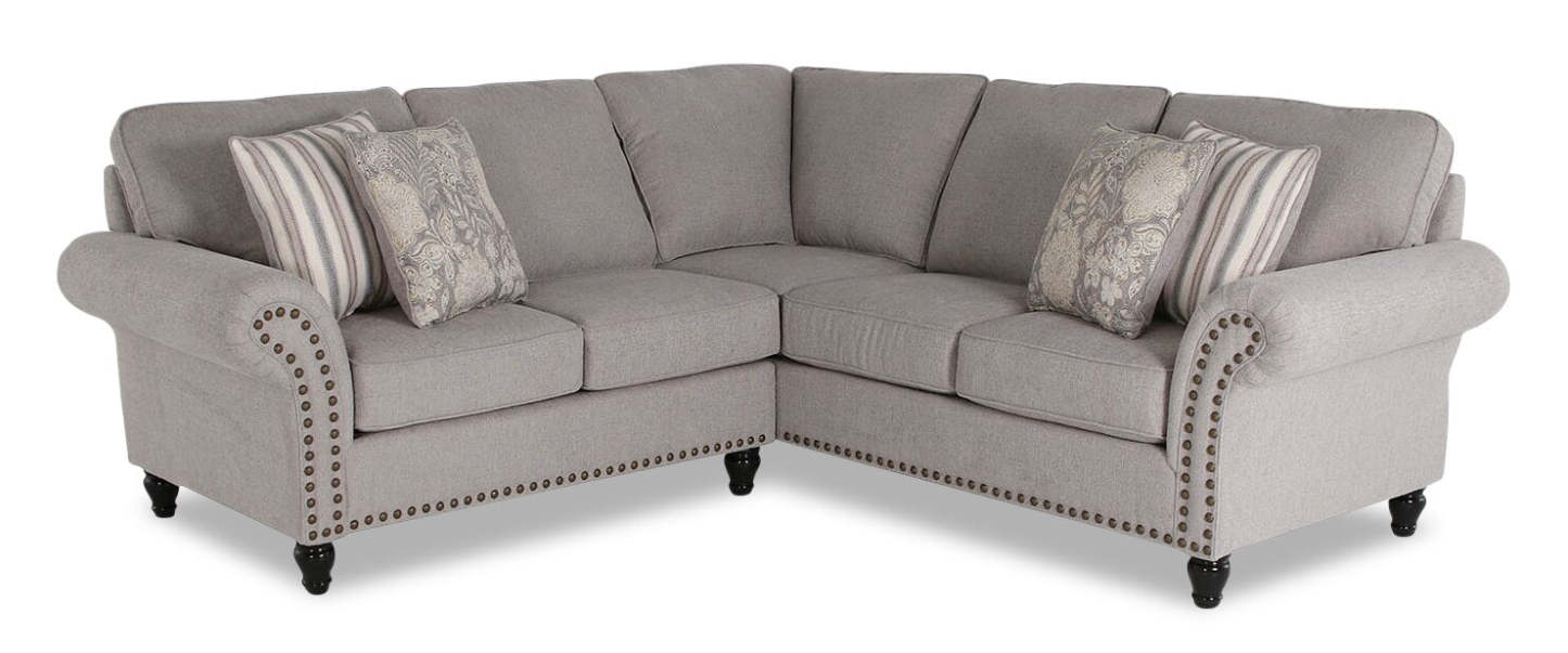 Fabriqué au Canada, canapé sectionnel Wynn 2 pièces en tissu de chenille avec bordure de clous décoratifs et pattes en oignon en bois - gris