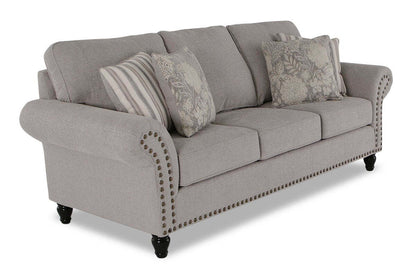 Canapé Wynn de 93 po fabriqué au Canada en tissu de chenille avec bordure de clous décoratifs et pattes en oignon en bois - gris