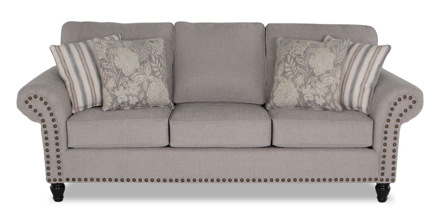 Canapé Wynn de 93 po fabriqué au Canada en tissu de chenille avec bordure de clous décoratifs et pattes en oignon en bois - gris