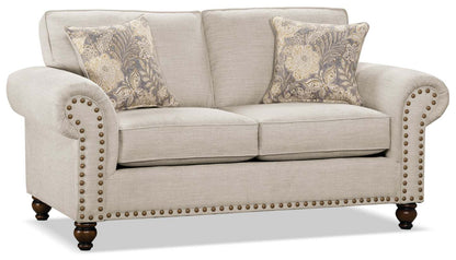 Made in Canada Wynn 70 Chenille Fabric Loveseat with Nailhead Trim and Wood Bun Legs - Linen | Causeuse Wynn de 70 po fabriquée au Canada en tissu de chenille avec bordure de clous décoratifs et pattes en oignon en bois - lin