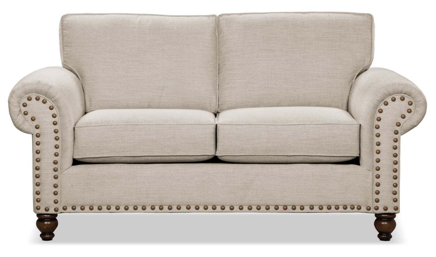 Made in Canada Wynn 70 Chenille Fabric Loveseat with Nailhead Trim and Wood Bun Legs - Linen | Causeuse Wynn de 70 po fabriquée au Canada en tissu de chenille avec bordure de clous décoratifs et pattes en oignon en bois - lin