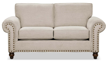 Made in Canada Wynn 70 Chenille Fabric Loveseat with Nailhead Trim and Wood Bun Legs - Linen | Causeuse Wynn de 70 po fabriquée au Canada en tissu de chenille avec bordure de clous décoratifs et pattes en oignon en bois - lin