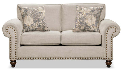 Made in Canada Wynn 70 Chenille Fabric Loveseat with Nailhead Trim and Wood Bun Legs - Linen | Causeuse Wynn de 70 po fabriquée au Canada en tissu de chenille avec bordure de clous décoratifs et pattes en oignon en bois - lin