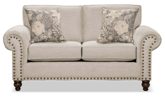 Made in Canada Wynn 70 Chenille Fabric Loveseat with Nailhead Trim and Wood Bun Legs - Linen | Causeuse Wynn de 70 po fabriquée au Canada en tissu de chenille avec bordure de clous décoratifs et pattes en oignon en bois - lin