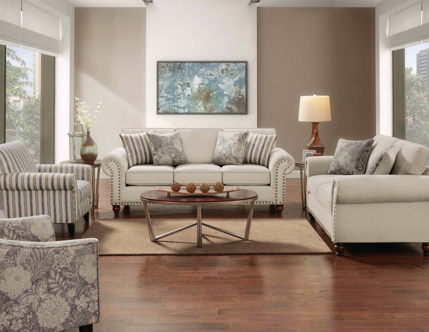 Made in Canada Wynn 70 Chenille Fabric Loveseat with Nailhead Trim and Wood Bun Legs - Linen | Causeuse Wynn de 70 po fabriquée au Canada en tissu de chenille avec bordure de clous décoratifs et pattes en oignon en bois - lin