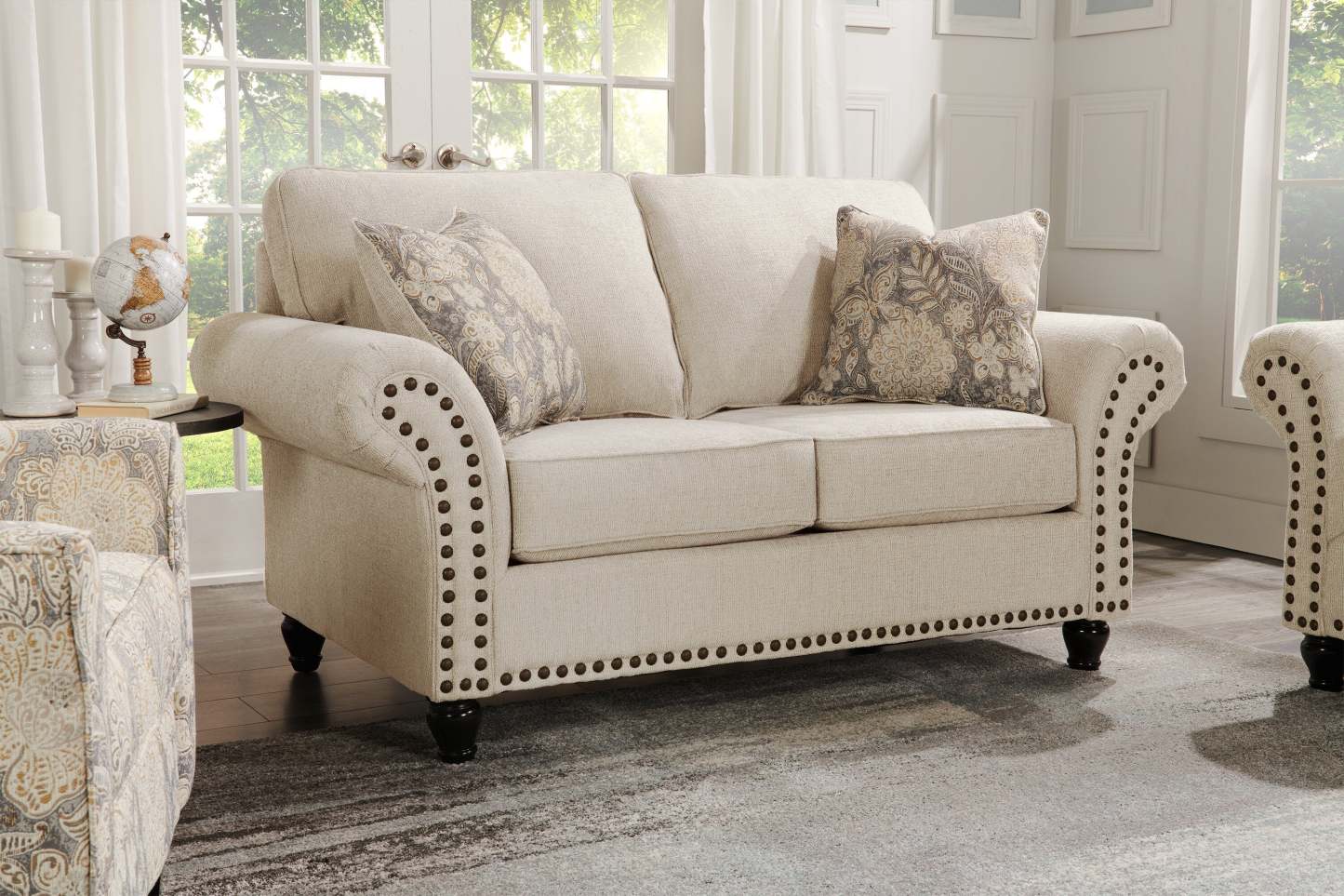 Made in Canada Wynn 70 Chenille Fabric Loveseat with Nailhead Trim and Wood Bun Legs - Linen | Causeuse Wynn de 70 po fabriquée au Canada en tissu de chenille avec bordure de clous décoratifs et pattes en oignon en bois - lin
