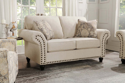 Made in Canada Wynn 70 Chenille Fabric Loveseat with Nailhead Trim and Wood Bun Legs - Linen | Causeuse Wynn de 70 po fabriquée au Canada en tissu de chenille avec bordure de clous décoratifs et pattes en oignon en bois - lin