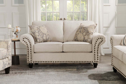 Made in Canada Wynn 70 Chenille Fabric Loveseat with Nailhead Trim and Wood Bun Legs - Linen | Causeuse Wynn de 70 po fabriquée au Canada en tissu de chenille avec bordure de clous décoratifs et pattes en oignon en bois - lin