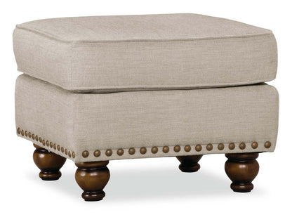 Made in Canada Wynn 24 Chenille Fabric Ottoman with Nailhead Trim and Wood Bun Legs - Linen | Pouf Wynn de 24 po fabriqué au Canada en tissu de chenille avec bordure de clous décoratifs et pattes en oignon en bois - lin