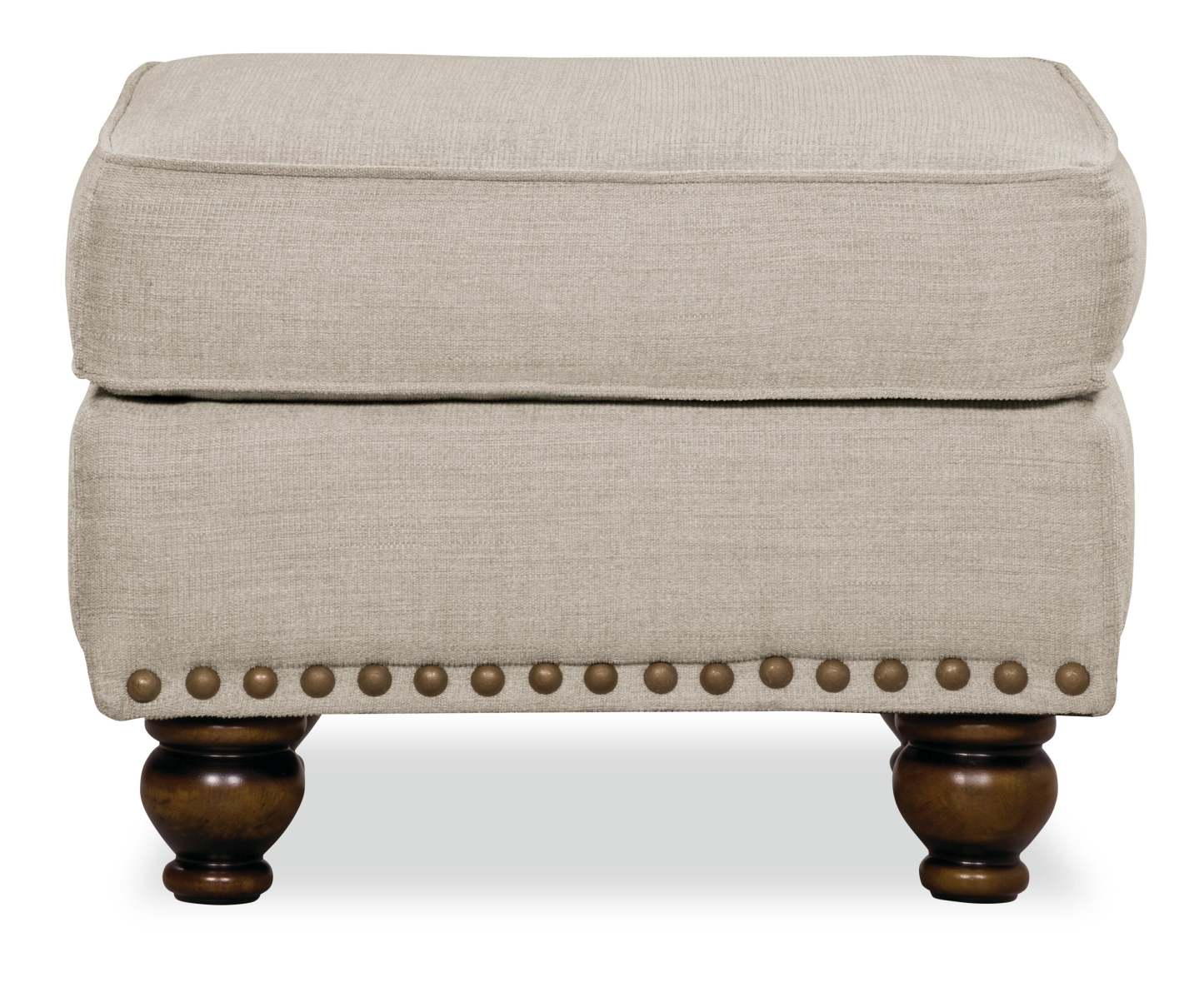 Made in Canada Wynn 24 Chenille Fabric Ottoman with Nailhead Trim and Wood Bun Legs - Linen | Pouf Wynn de 24 po fabriqué au Canada en tissu de chenille avec bordure de clous décoratifs et pattes en oignon en bois - lin