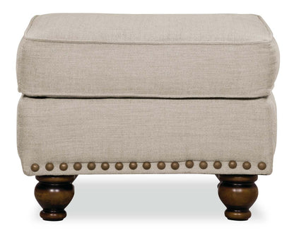 Made in Canada Wynn 24 Chenille Fabric Ottoman with Nailhead Trim and Wood Bun Legs - Linen | Pouf Wynn de 24 po fabriqué au Canada en tissu de chenille avec bordure de clous décoratifs et pattes en oignon en bois - lin