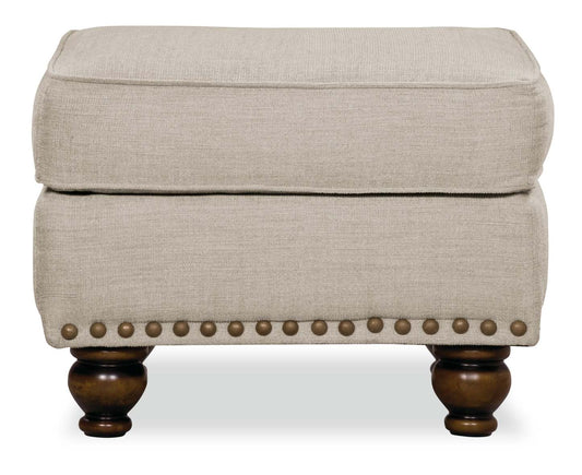 Made in Canada Wynn 24 Chenille Fabric Ottoman with Nailhead Trim and Wood Bun Legs - Linen | Pouf Wynn de 24 po fabriqué au Canada en tissu de chenille avec bordure de clous décoratifs et pattes en oignon en bois - lin