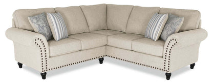Made in Canada Wynn 2-Piece Chenille Fabric Sectional with Nailhead Trim and Wood Bun Legs - Linen Beige | Canapé sectionnel Wynn 2 pièces fabriqué au Canada en tissu de chenille avec bordure de clous décoratifs et pattes en oignon en bois - beige lin