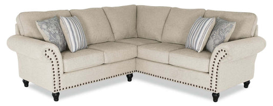 Made in Canada Wynn 2-Piece Chenille Fabric Sectional with Nailhead Trim and Wood Bun Legs - Linen Beige | Canapé sectionnel Wynn 2 pièces fabriqué au Canada en tissu de chenille avec bordure de clous décoratifs et pattes en oignon en bois - beige lin