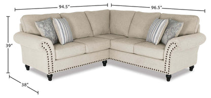Made in Canada Wynn 2-Piece Chenille Fabric Sectional with Nailhead Trim and Wood Bun Legs - Linen Beige | Canapé sectionnel Wynn 2 pièces fabriqué au Canada en tissu de chenille avec bordure de clous décoratifs et pattes en oignon en bois - beige lin