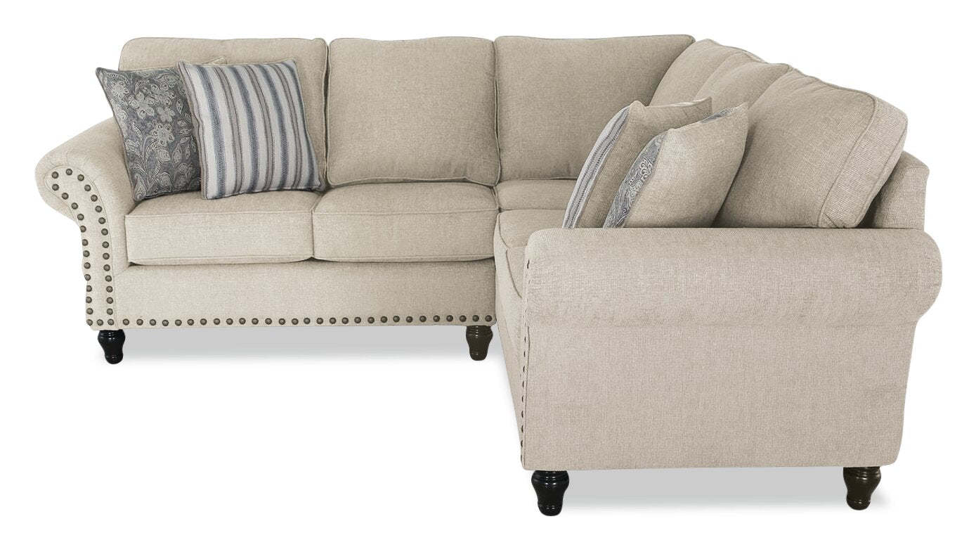 Made in Canada Wynn 2-Piece Chenille Fabric Sectional with Nailhead Trim and Wood Bun Legs - Linen Beige | Canapé sectionnel Wynn 2 pièces fabriqué au Canada en tissu de chenille avec bordure de clous décoratifs et pattes en oignon en bois - beige lin