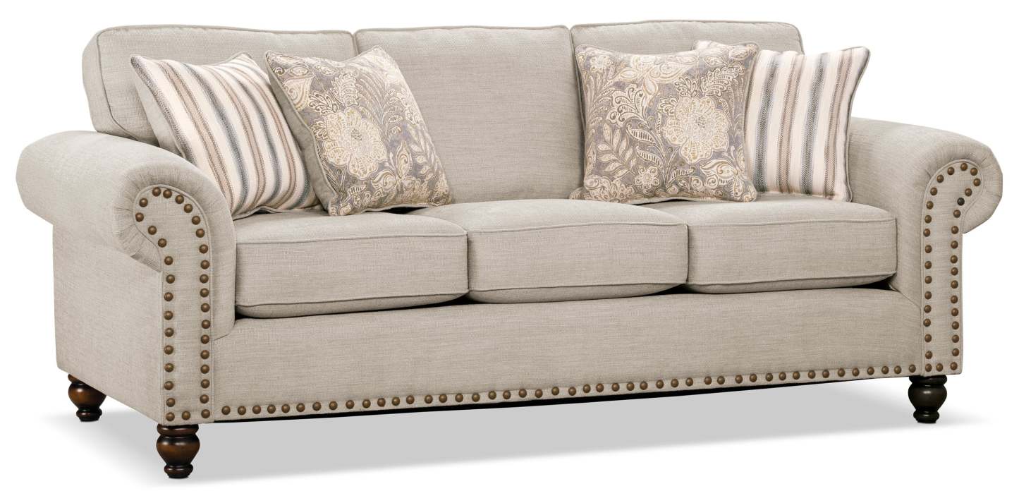 Made in Canada Wynn 93 Chenille Fabric Sofa with Nailhead Trim and Wood Bun Legs - Linen Beige | Sofa Wynn de 93 po fabriqué au Canada en tissu de chenille avec bordure de clous décoratifs et pattes en oignon en bois - beige lin