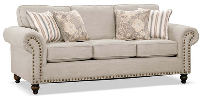 Made in Canada Wynn 93 Chenille Fabric Sofa with Nailhead Trim and Wood Bun Legs - Linen Beige | Sofa Wynn de 93 po fabriqué au Canada en tissu de chenille avec bordure de clous décoratifs et pattes en oignon en bois - beige lin