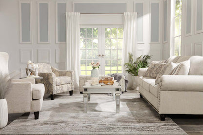 Made in Canada Wynn 93 Chenille Fabric Sofa with Nailhead Trim and Wood Bun Legs - Linen Beige | Sofa Wynn de 93 po fabriqué au Canada en tissu de chenille avec bordure de clous décoratifs et pattes en oignon en bois - beige lin