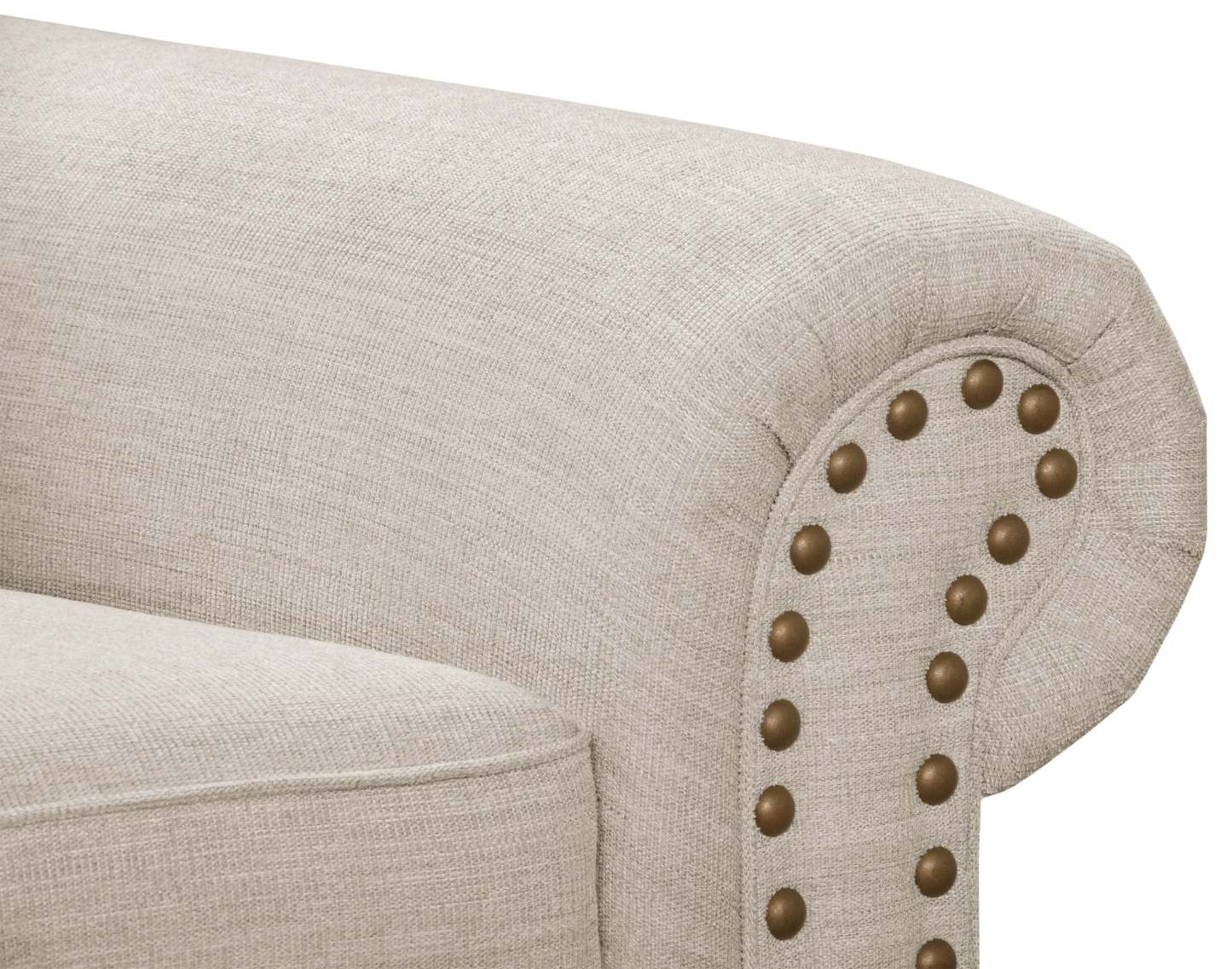 Made in Canada Wynn 2-Piece Chenille Fabric Sectional with Nailhead Trim and Wood Bun Legs - Linen Beige | Canapé sectionnel Wynn 2 pièces fabriqué au Canada en tissu de chenille avec bordure de clous décoratifs et pattes en oignon en bois - beige lin