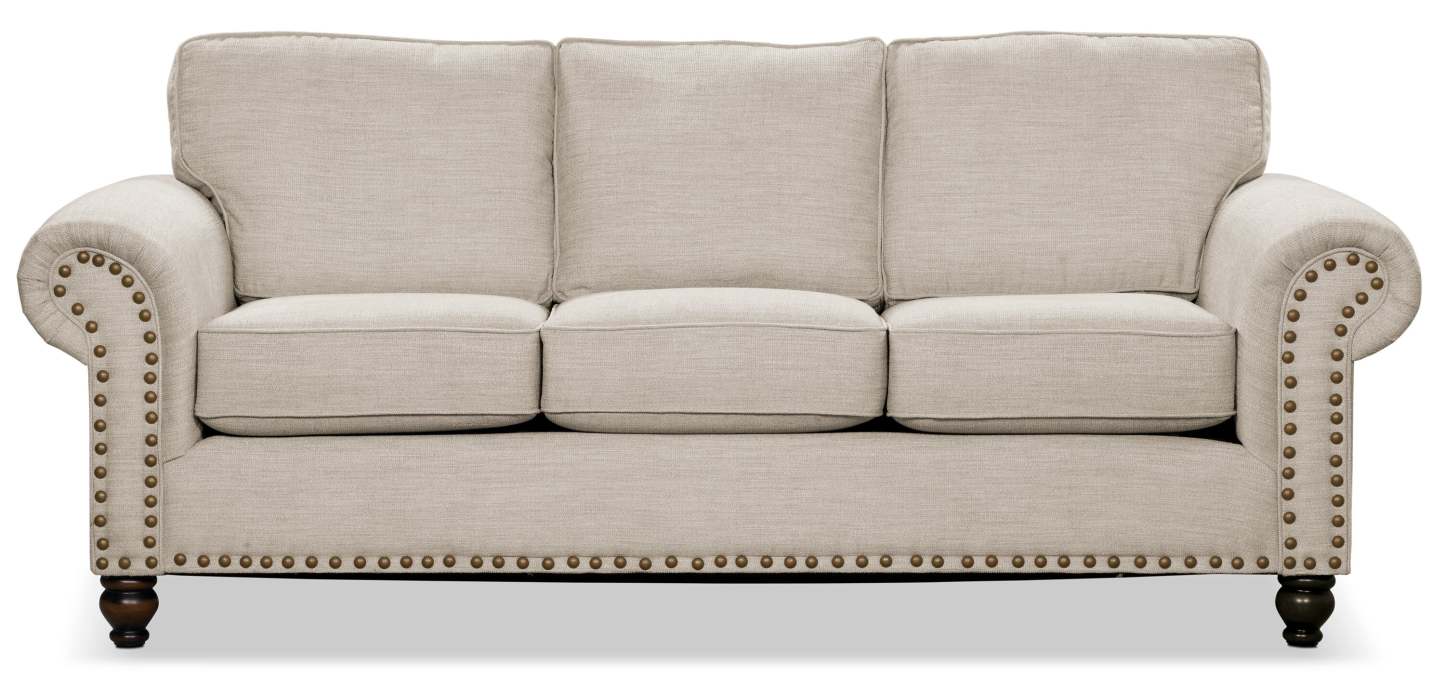 Made in Canada Wynn 93 Chenille Fabric Sofa with Nailhead Trim and Wood Bun Legs - Linen Beige | Sofa Wynn de 93 po fabriqué au Canada en tissu de chenille avec bordure de clous décoratifs et pattes en oignon en bois - beige lin