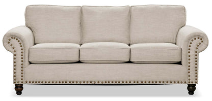 Made in Canada Wynn 93 Chenille Fabric Sofa with Nailhead Trim and Wood Bun Legs - Linen Beige | Sofa Wynn de 93 po fabriqué au Canada en tissu de chenille avec bordure de clous décoratifs et pattes en oignon en bois - beige lin