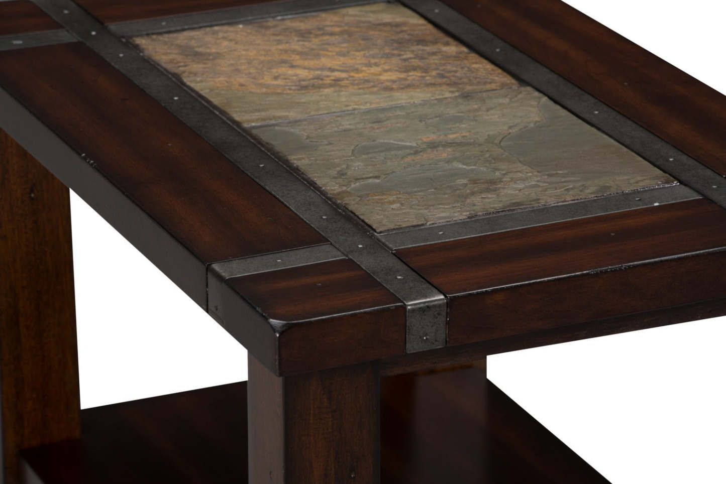 Table de fauteuil rustique Roanoke de 16 po avec tablette - bois cerisier foncé et incrustation d’ardoise