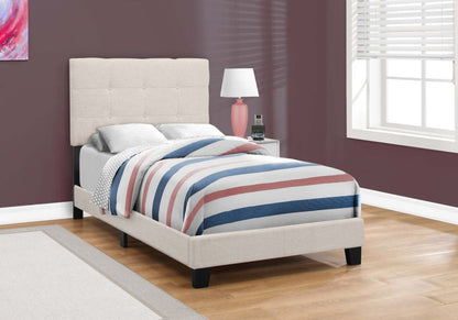 Lit rembourré Tara en tissu d'apparence lin beige, capitonné avec boutons - Taille simple | Lit rembourré Tara en tissu d'apparence lin beige avec capitonnage à boutons - format lit simple