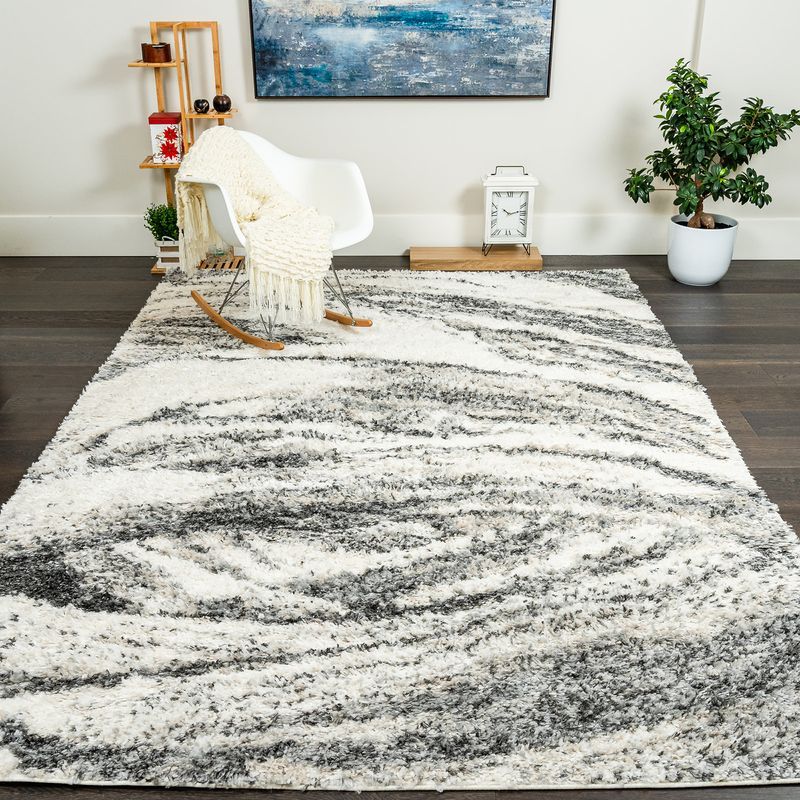 Carpette à poil long Paris crème à motif de coups de pinceau - 6 pi 7 po x 9 pi 6 po