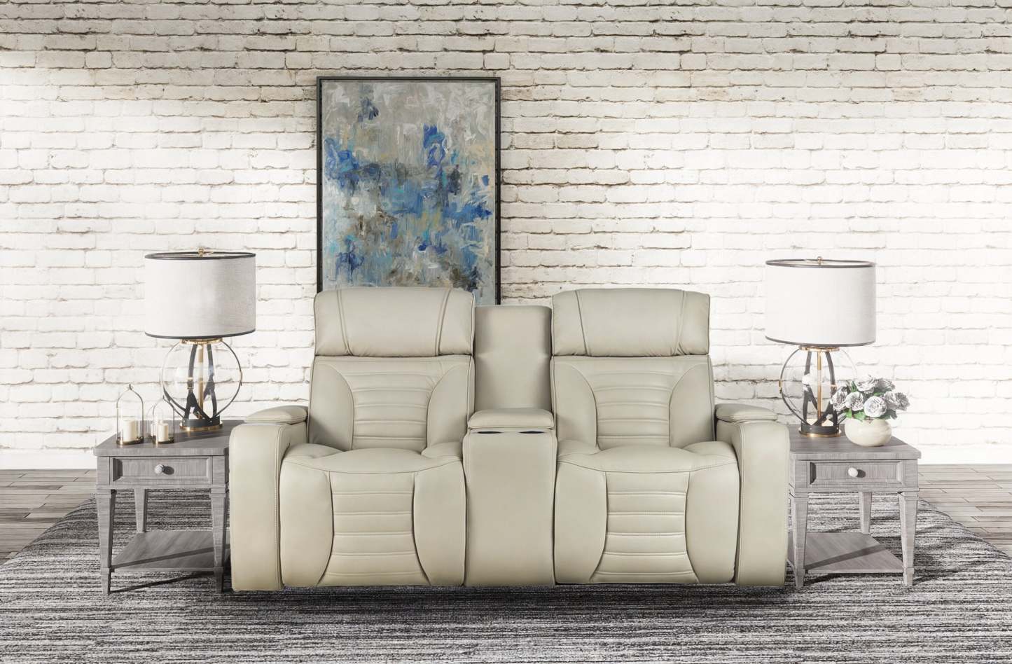 Zen 75.5 Tissu d'apparence cuir Canapé de massage inclinable électrique avec console réfrigérée - Abricot