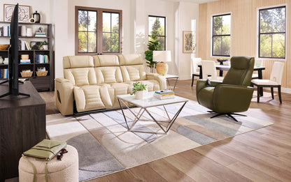 Sofa de massage à inclinaison électrique Zen de 86 po en tissu d’apparence cuir avec appuie-têtes électriques et console rabattable - abricot