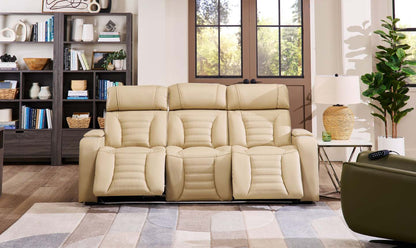 Sofa de massage à inclinaison électrique Zen de 86 po en tissu d’apparence cuir avec appuie-têtes électriques et console rabattable - abricot