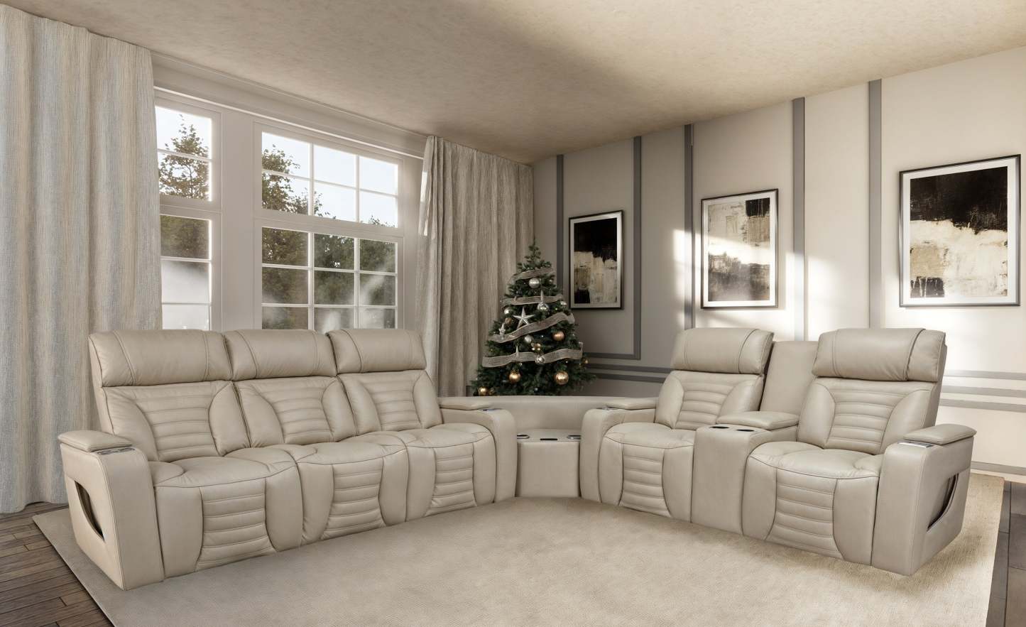 Sofa sectionnel à inclinaison électrique Zen 3 pièces en similicuir avec massage, console rabattable et compartiment réfrigéré - abricot