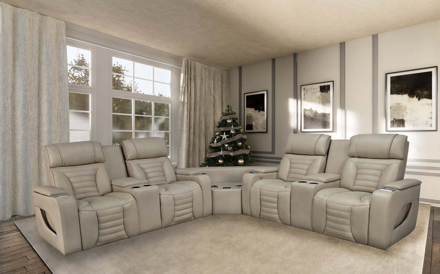 Canapé sectionnel à inclinaison électrique Zen 3 pièces en similicuir avec massage et 2 consoles avec réfrigérateur - abricot