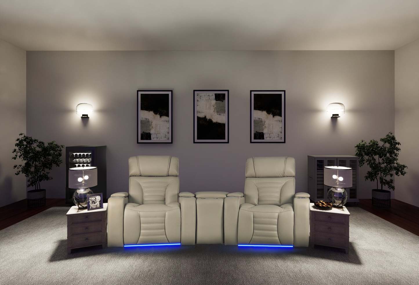 Sofa sectionnel à inclinaison électrique Zen 3 pièces de style cinéma maison en similicuir avec massage et console de rangement - abricot