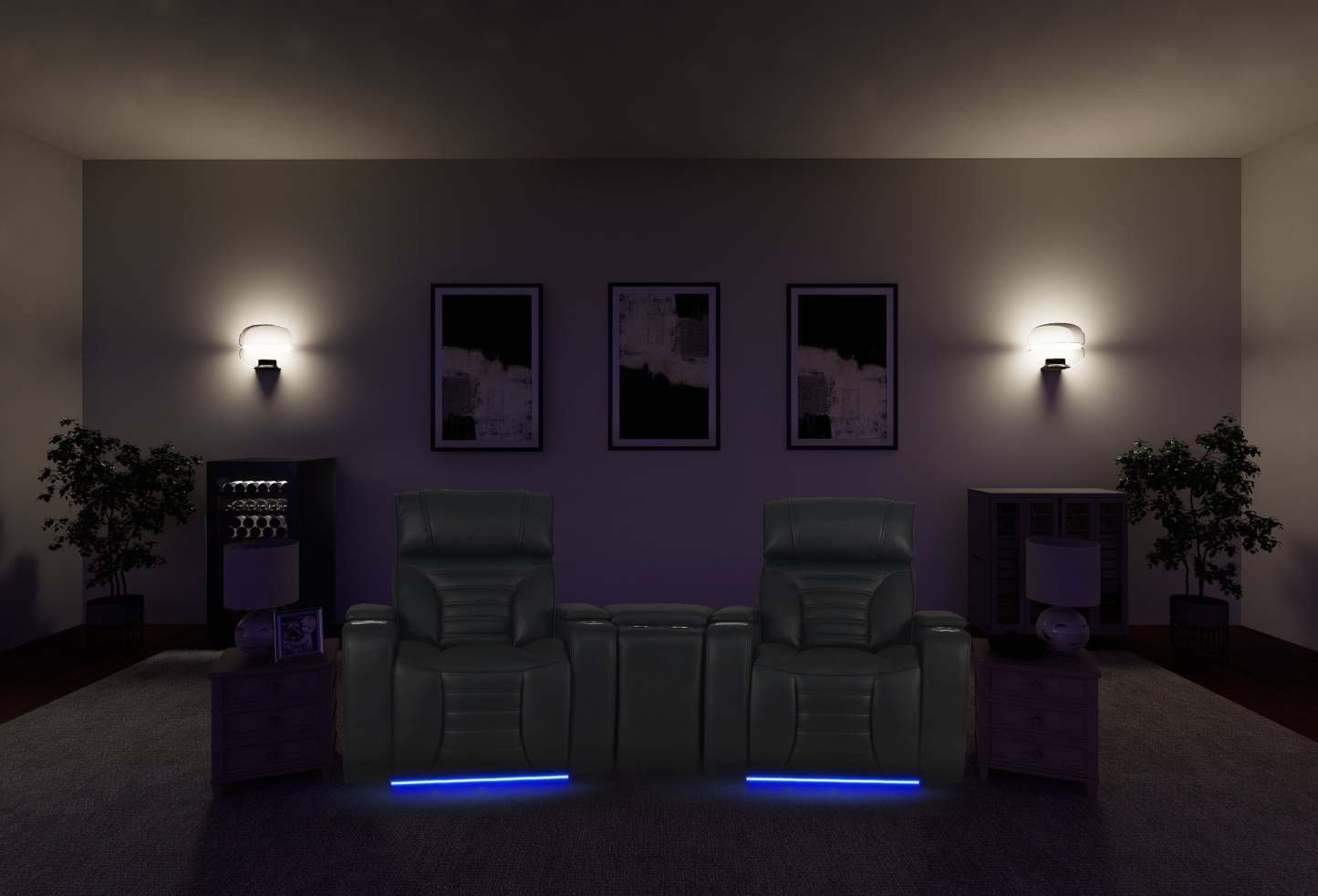 Sofa sectionnel à inclinaison électrique Zen 3 pièces de style cinéma maison en similicuir avec massage et console de rangement - noir